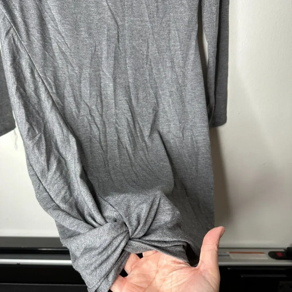 NWT Berryou Gray Cold-Shoulder Long Sleeve Front Tie Hem Knit Mini Dress Medium - Picture 7 of 12